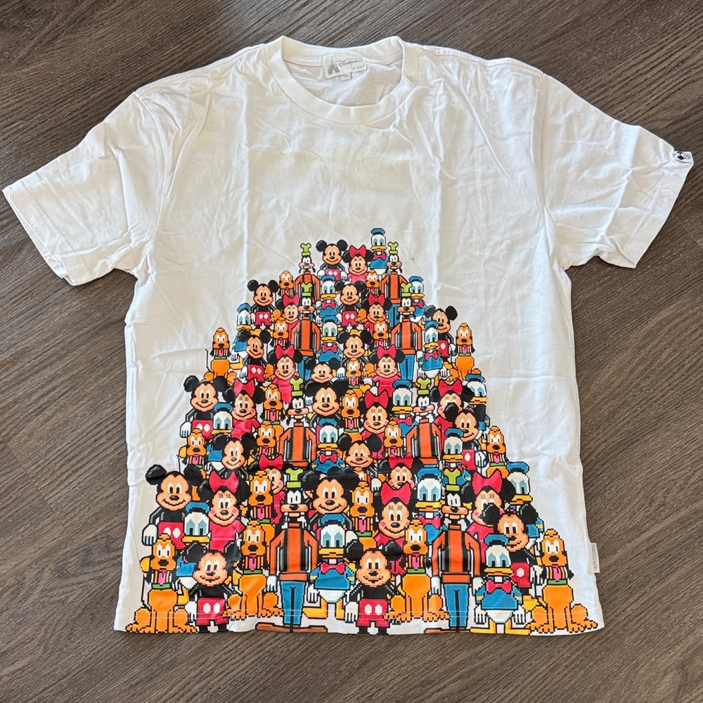 Disney White T-Shirt with Colorful Character Pyramid. Hong Kong Disneyland